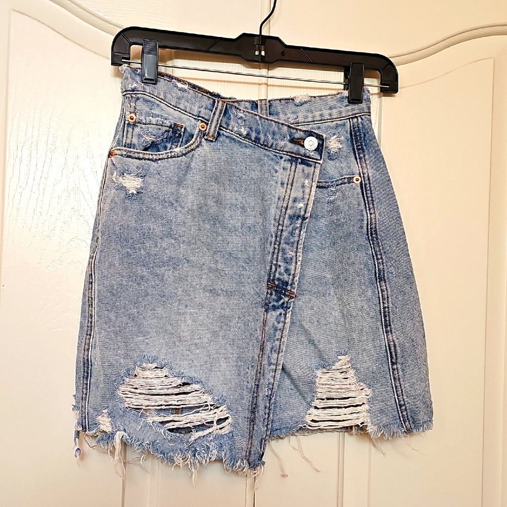 Free People Asymmetrical Distressed Denim Skirt Button Closure Size 25